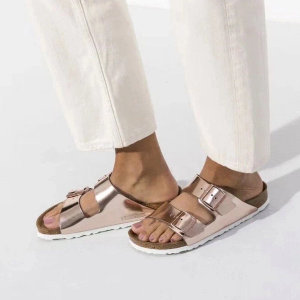 Birkenstock Arizona Metallic Rose Gold Women's Slip-On/Slide, Size 38-7.5/8 US R